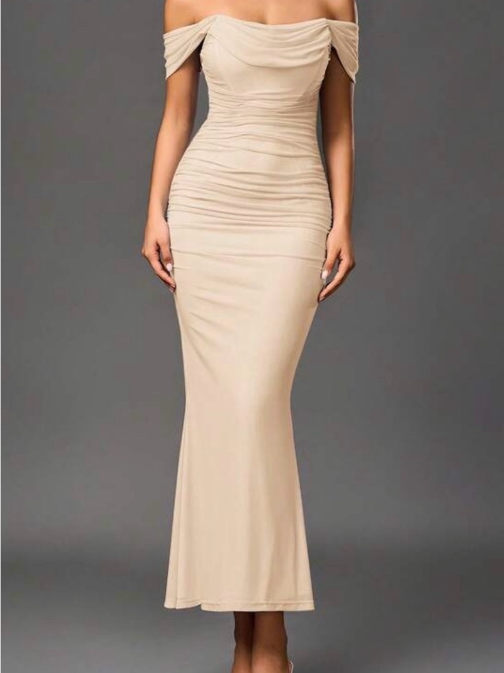 SHEIN Off-Shoulder Ruched Maxi Dress in Beige